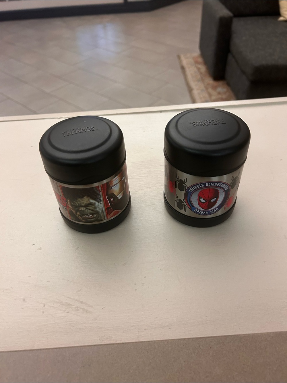 2 Thermos Black Marvel Kids Food Jars with Hulk and Spider-Man Graphics